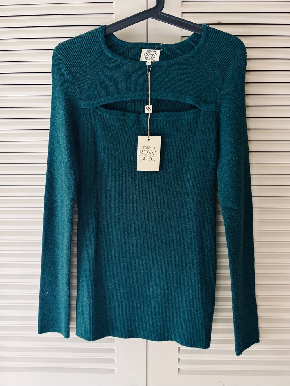 NWT Torn by Ronny Kobo Green Ribbed Cutout Pullover Sweater Size S